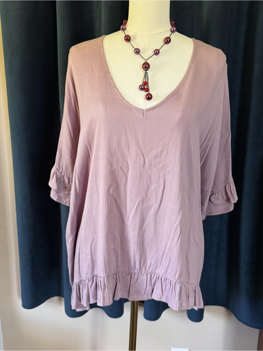 Three Bird Nest Dusty Mauve Pale Plum Let Me Be Ruffled V-Neck Ruffle-Hem Tunic